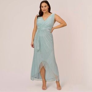 Plus size Adrianna Pappel gown, Smoke Mint. Mesh, cascade ruffle, high/low hem.